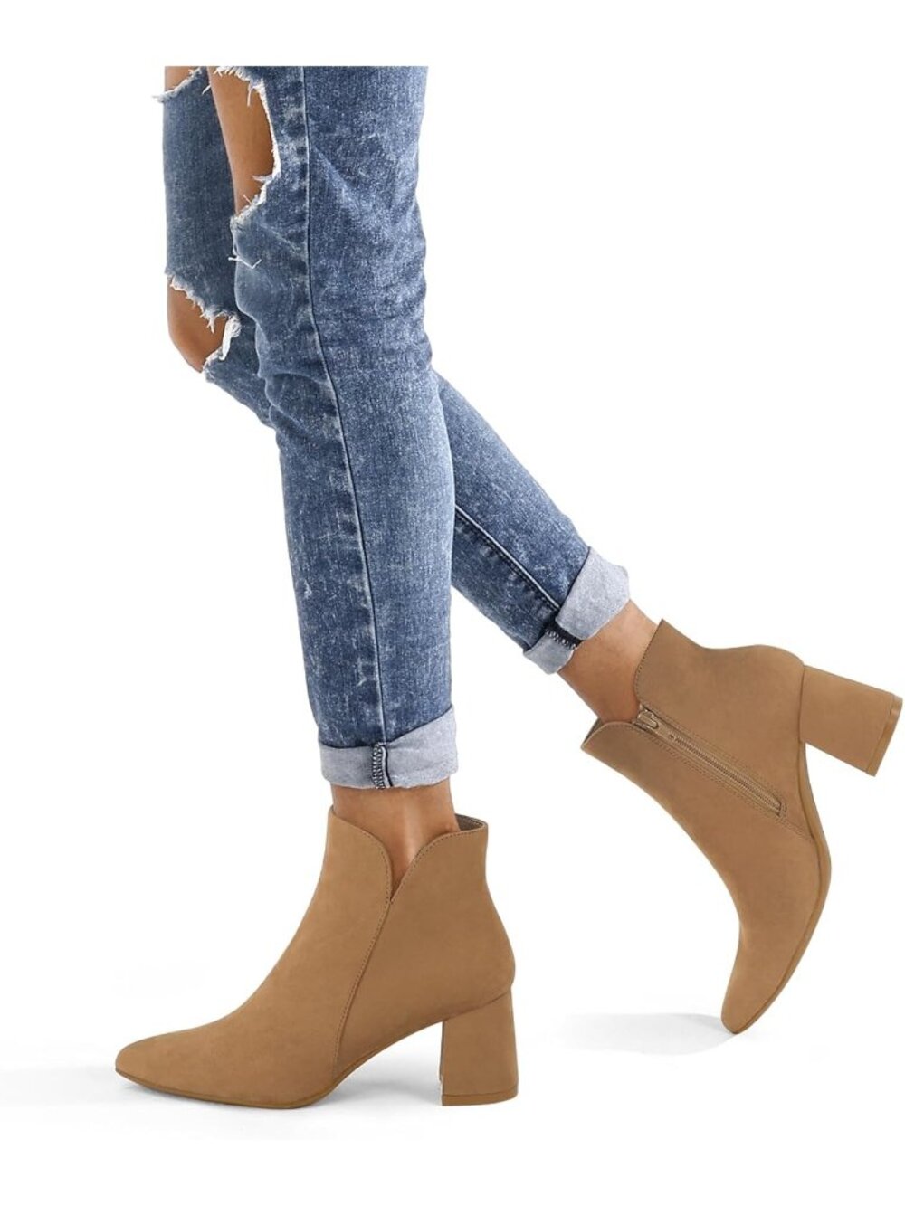 Women's Tan Suede Casual Chunky Block Heel Pointed Toe Side Zipper Ankle Boots - Picture 2 of 6
